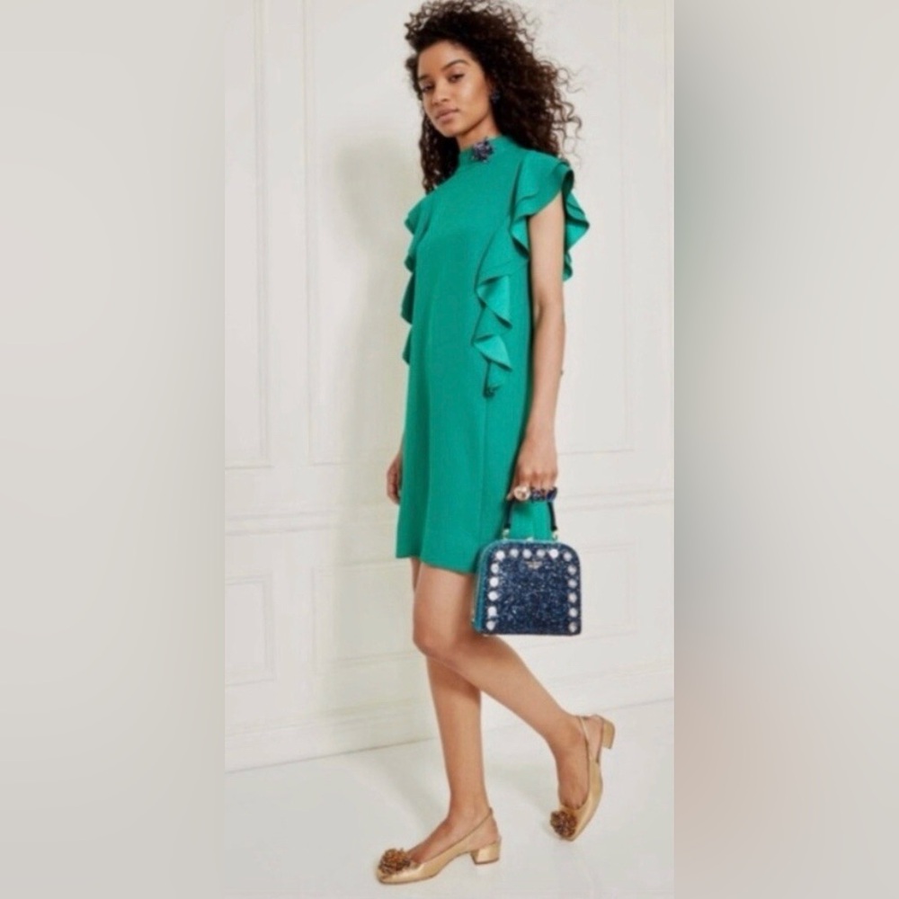 Kate‎ Spade Emerald Green Ruffle Shift Dress Size 14 Satin Crepe Flutter Sleeve
